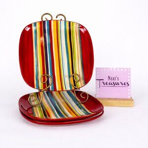 Tabletops WATER COLOR RED White Aqua Stripes Ceramic Square Dinner Plates Set 3